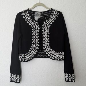 Vtg Curio Anthropologie Cardigan Sweater Large Black Beaded Embellished Cropped